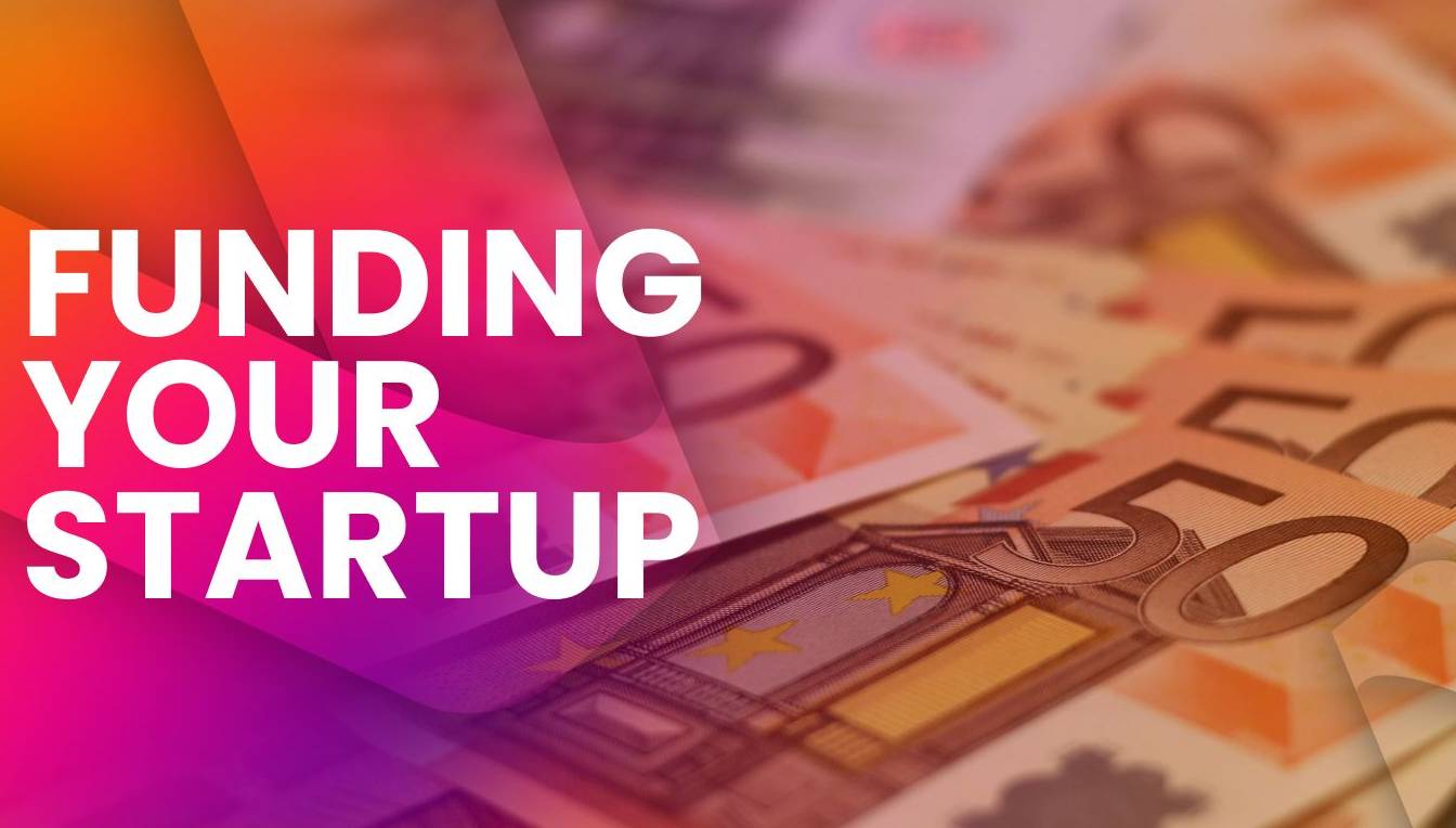 Startup funding guide with founders pitching to investors, seed funding, and venture capital growth charts.
